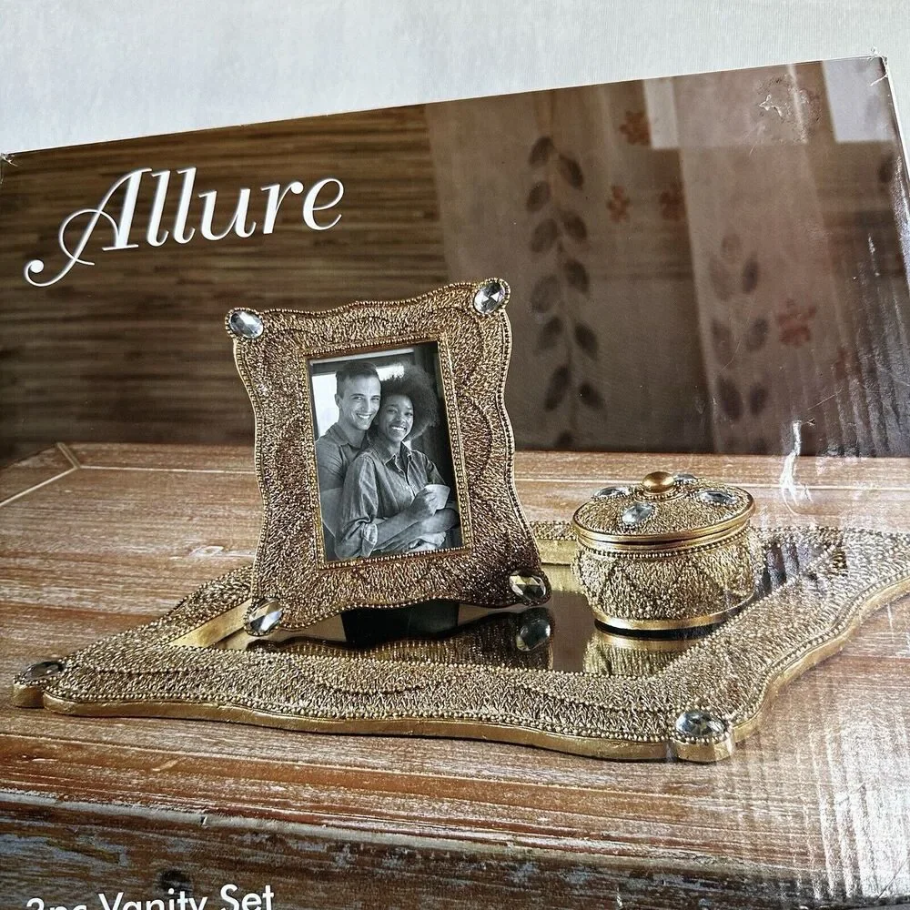 Allure 3pc Vanity Set Gold Glitter Crystal Rhinestone Mirror Picture Frame - Picture 2 of 3